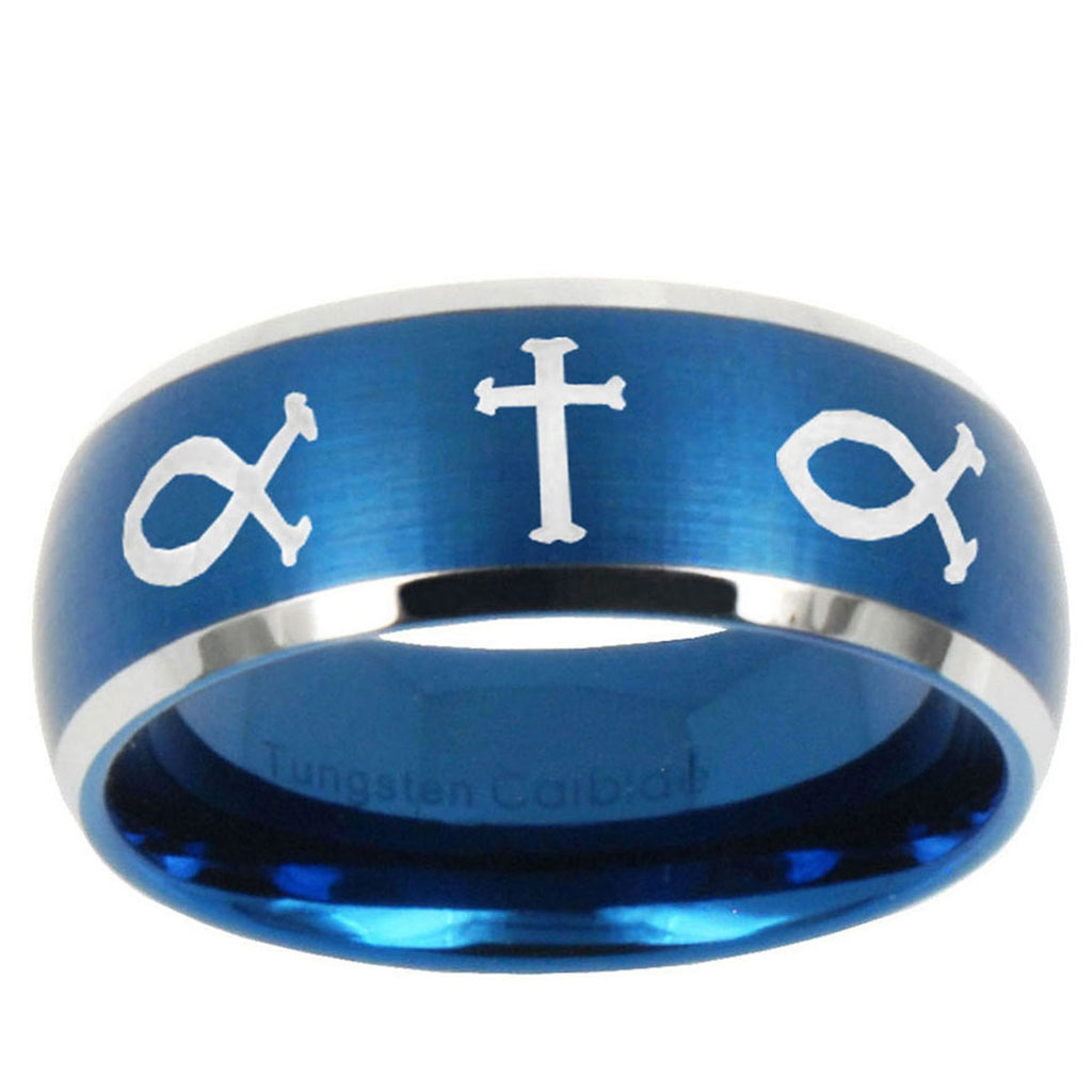 10mm Fish & Cross Dome Brushed Blue 2 Tone Tungsten Ring