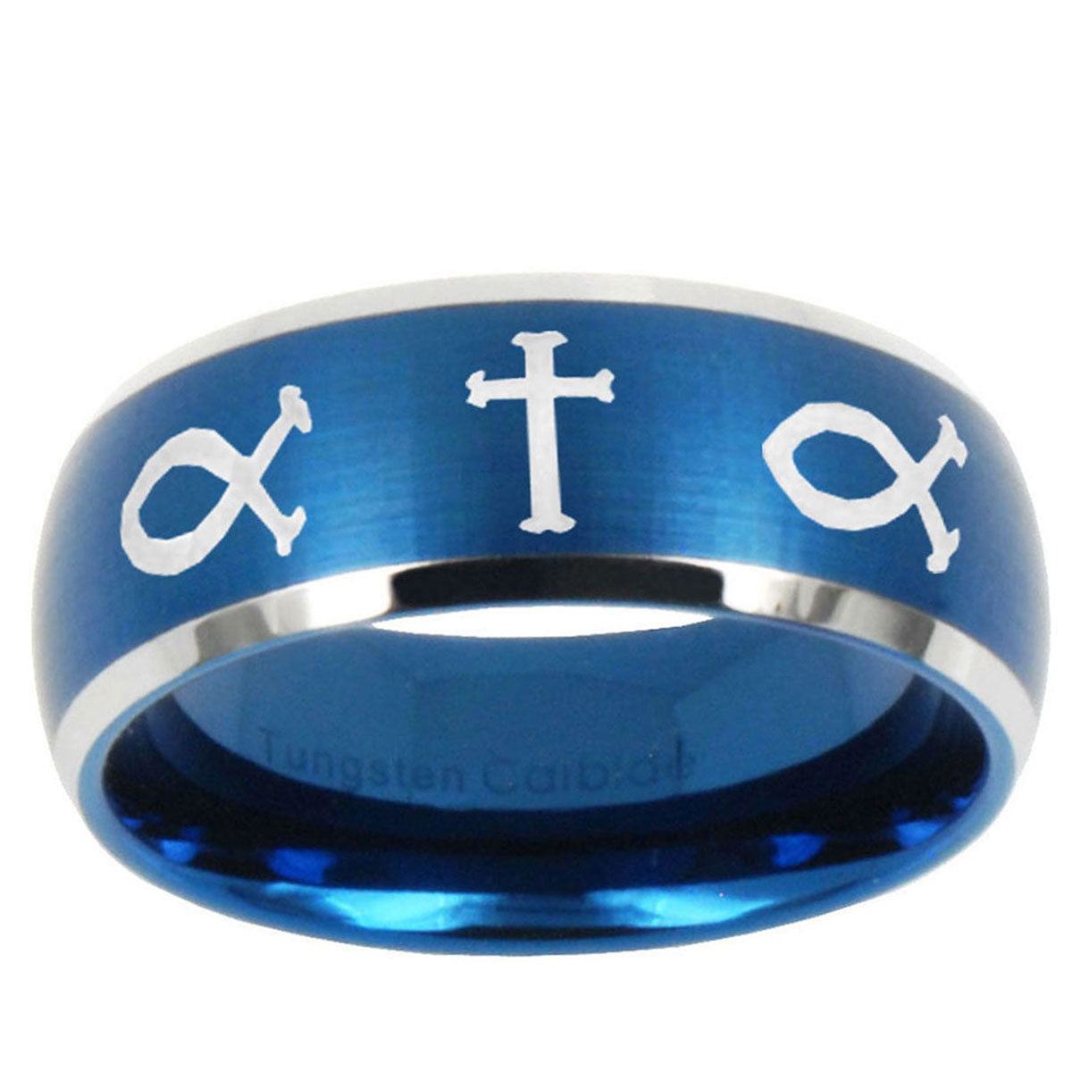 10mm Fish & Cross Dome Brushed Blue 2 Tone Tungsten Ring