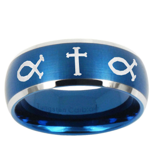 10mm Fish & Cross Dome Brushed Blue 2 Tone Tungsten Ring
