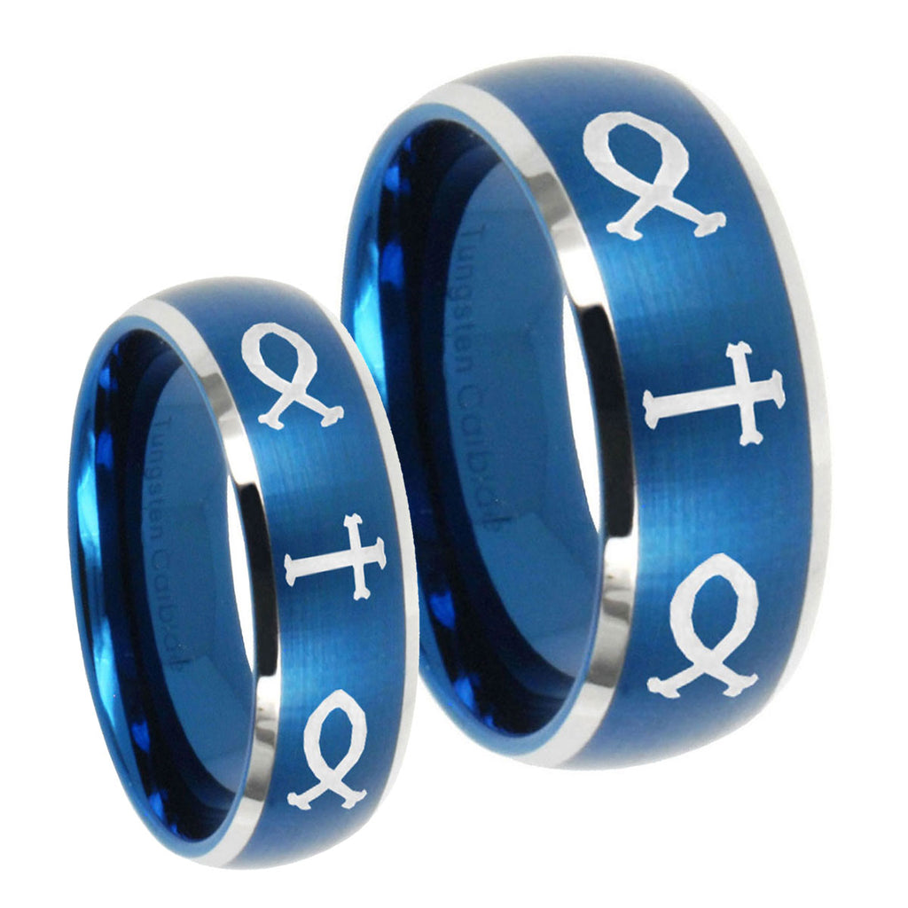 Fish & Cross Dome Brushed Blue 2 Tone Tungsten His and Hers