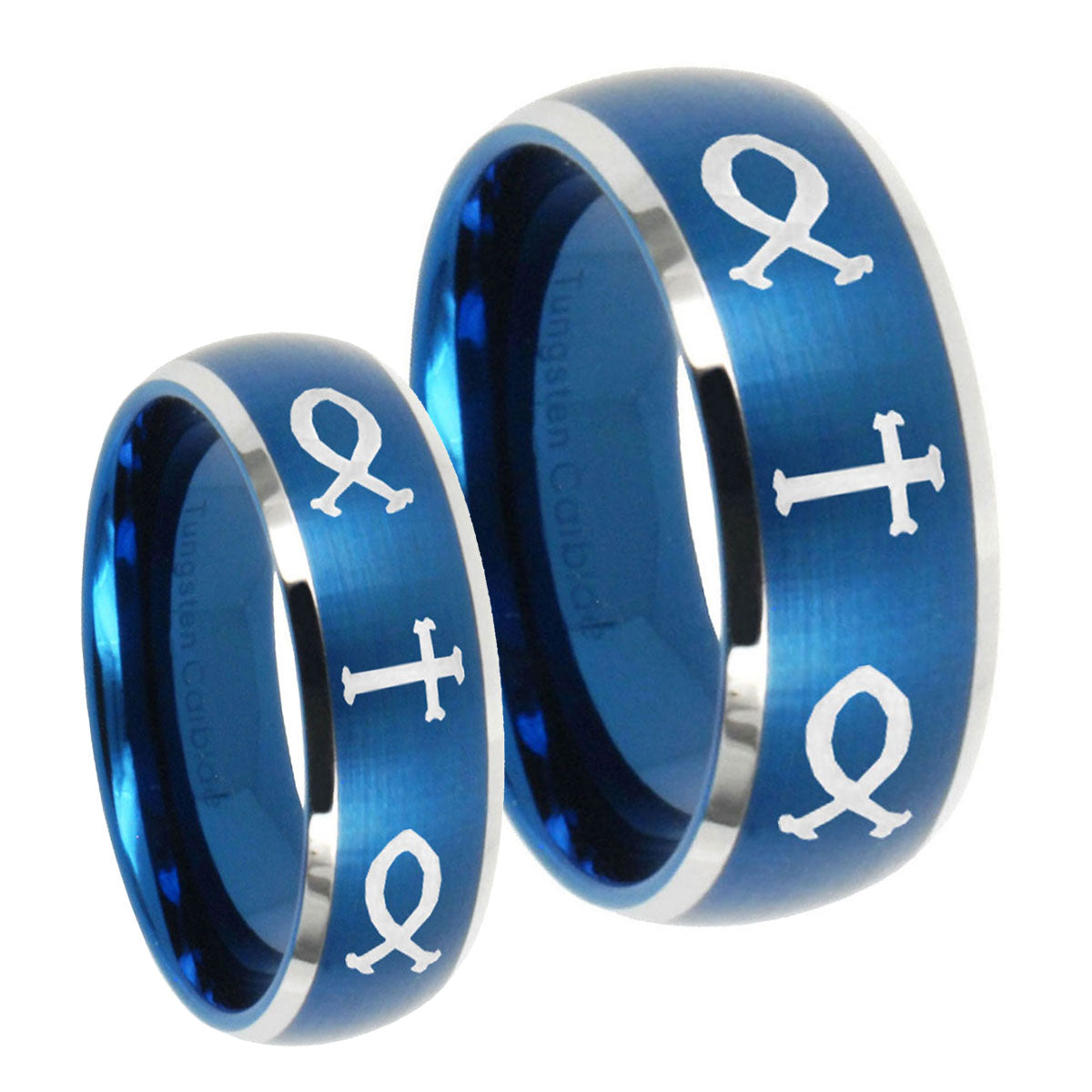 Fish & Cross Dome Brushed Blue 2 Tone Tungsten His and Hers