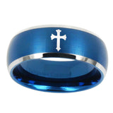 10mm-Flat-Christian-Cross-Dome-Brushed-Blue-2-Tone-Tungsten-Carbide-Mens-Ring
