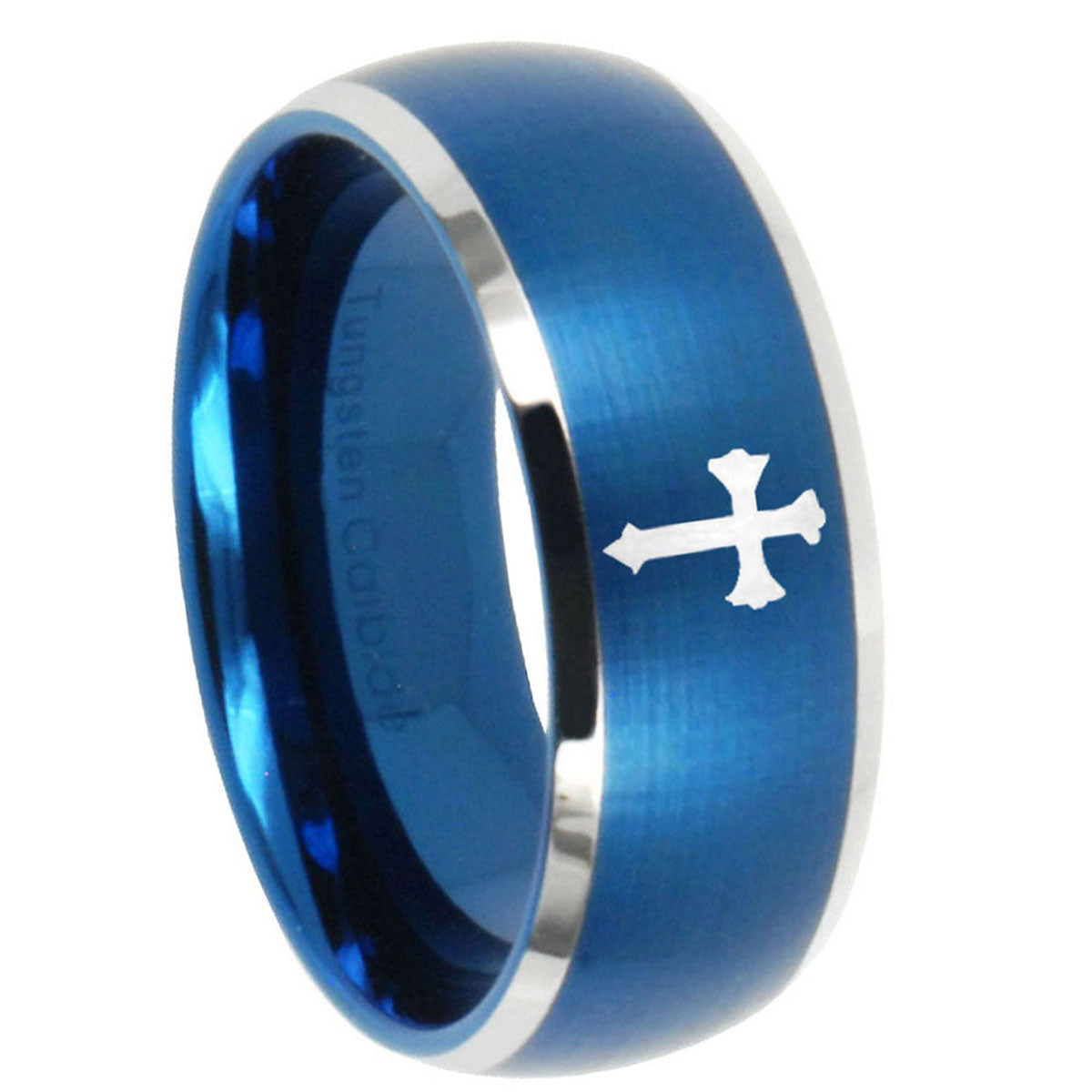 10mm Flat Christian Cross Dome Brushed Blue 2 Tone Tungsten Carbide Mens Ring