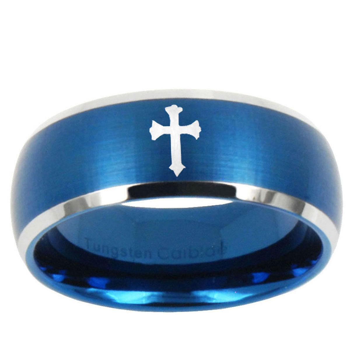 10mm Flat Christian Cross Dome Brushed Blue 2 Tone Tungsten Carbide Mens Ring