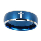 10mm-Flat-Christian-Cross-Dome-Brushed-Blue-2-Tone-Tungsten-Engraved-Ring