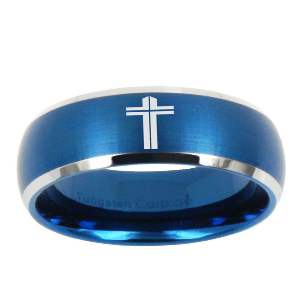 5MMFlat Christian Cross Dome Brushed Blue 2 Tone Tungsten Ring