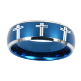 10mm-Multiple-Christian-Cross-Dome-Brushed-Blue-2-Tone-Tungsten-Bands-Ring