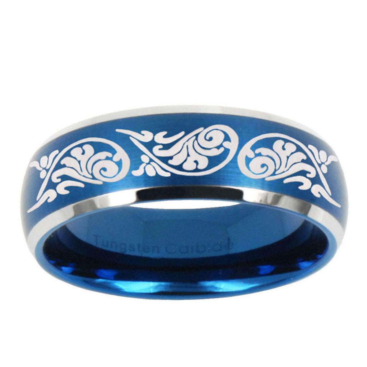 10mm Etched Tribal Pattern Dome Brushed Blue 2 Tone Tungsten Ring