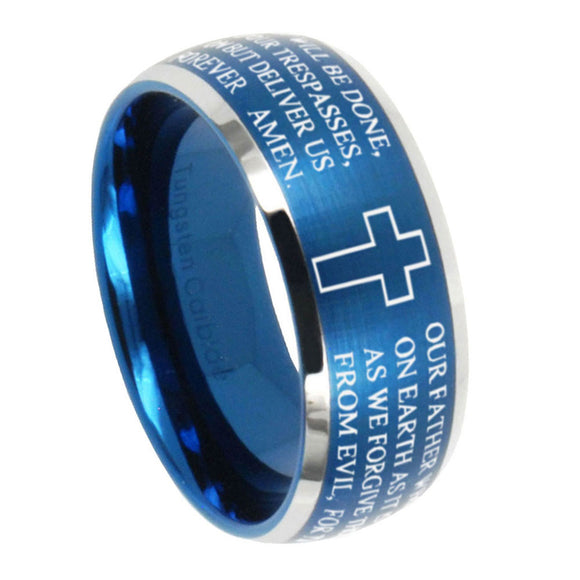 10mm-Etched-Lord's-Prayer-Cross-Dome-Brushed-Blue-2-Tone-Tungsten-Mens-Wedding-Band