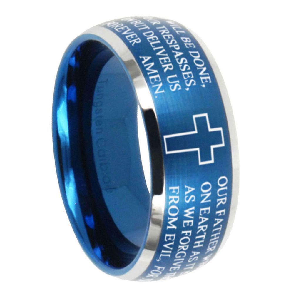 8MM Bible Lord's Prayer Cross Dome Brushed Blue 2 Tone Tungsten Ring