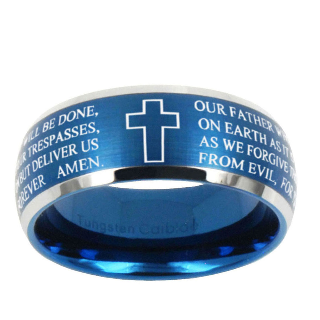 5MMBible Lord's Prayer Cross Dome Brushed Blue 2 Tone Tungsten Ring