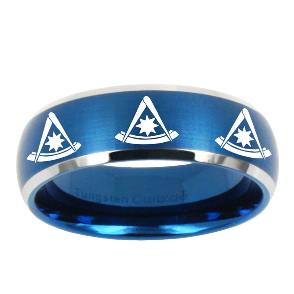 10mm Multiple Pester Master Masonic Dome Brushed Blue 2 Tone Tungsten Mens Ring