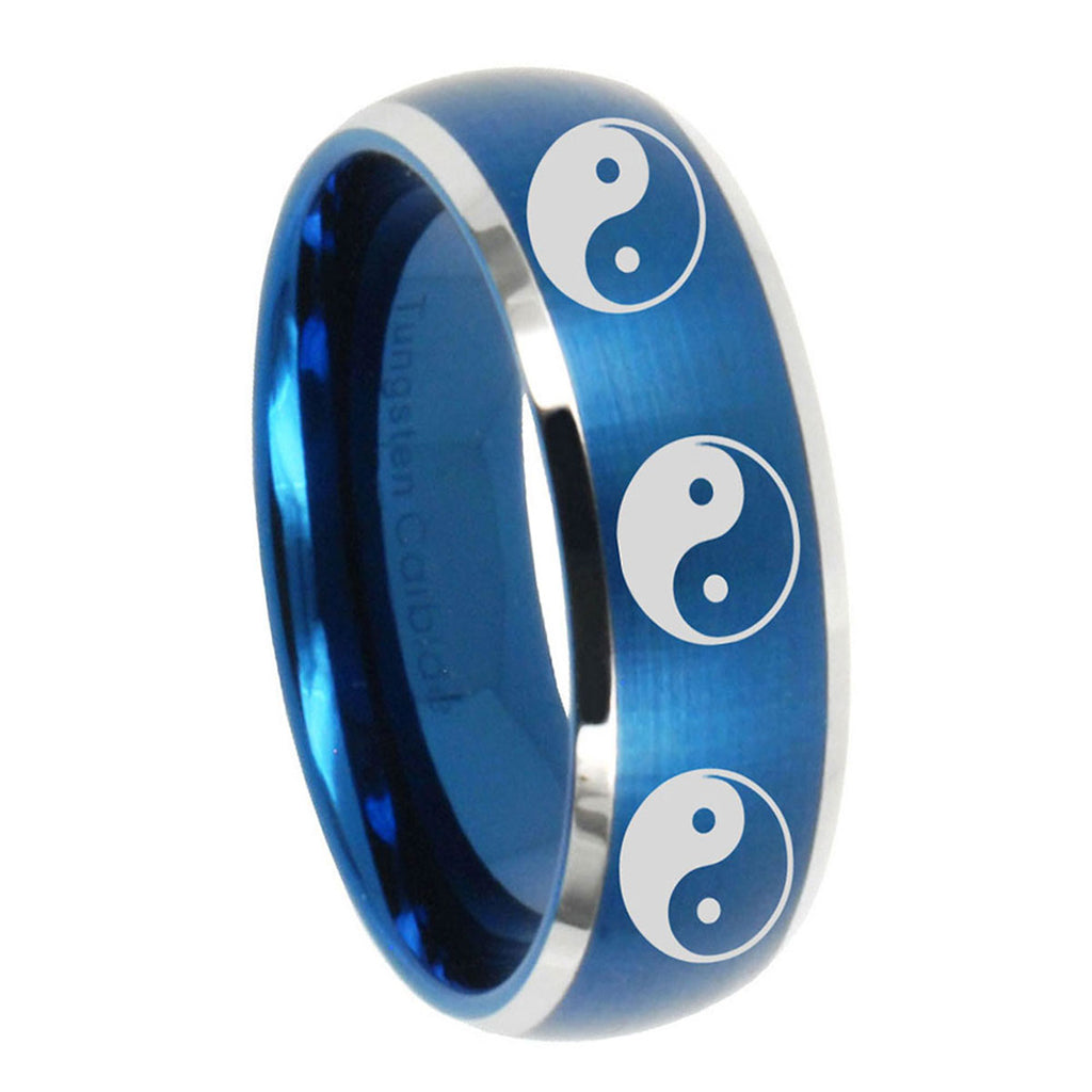 8MM Multiple Yin Yang Dome Brushed Blue 2 Tone Tungsten Ring