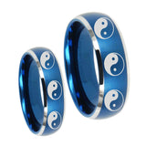 His Hers Multiple Yin Yang Dome Brushed Blue 2 Tone Tungsten Mens Band Set