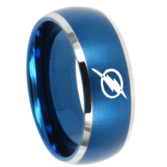 8mm Flash Dome Matte Blue Engraved Mens Wedding Bands