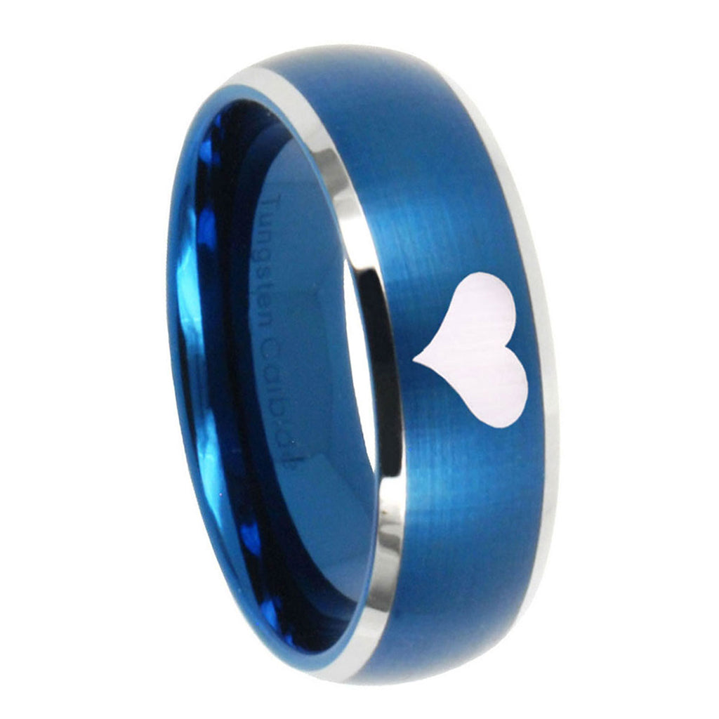 8MM Heart Dome Brushed Blue 2 Tone Tungsten Mens Ring Personalized