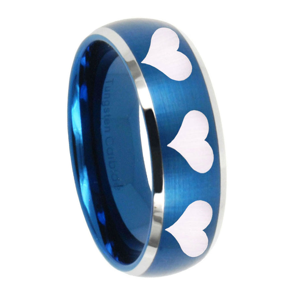 8MM Multiple Heart Dome Brushed Blue 2 Tone Tungsten Bands