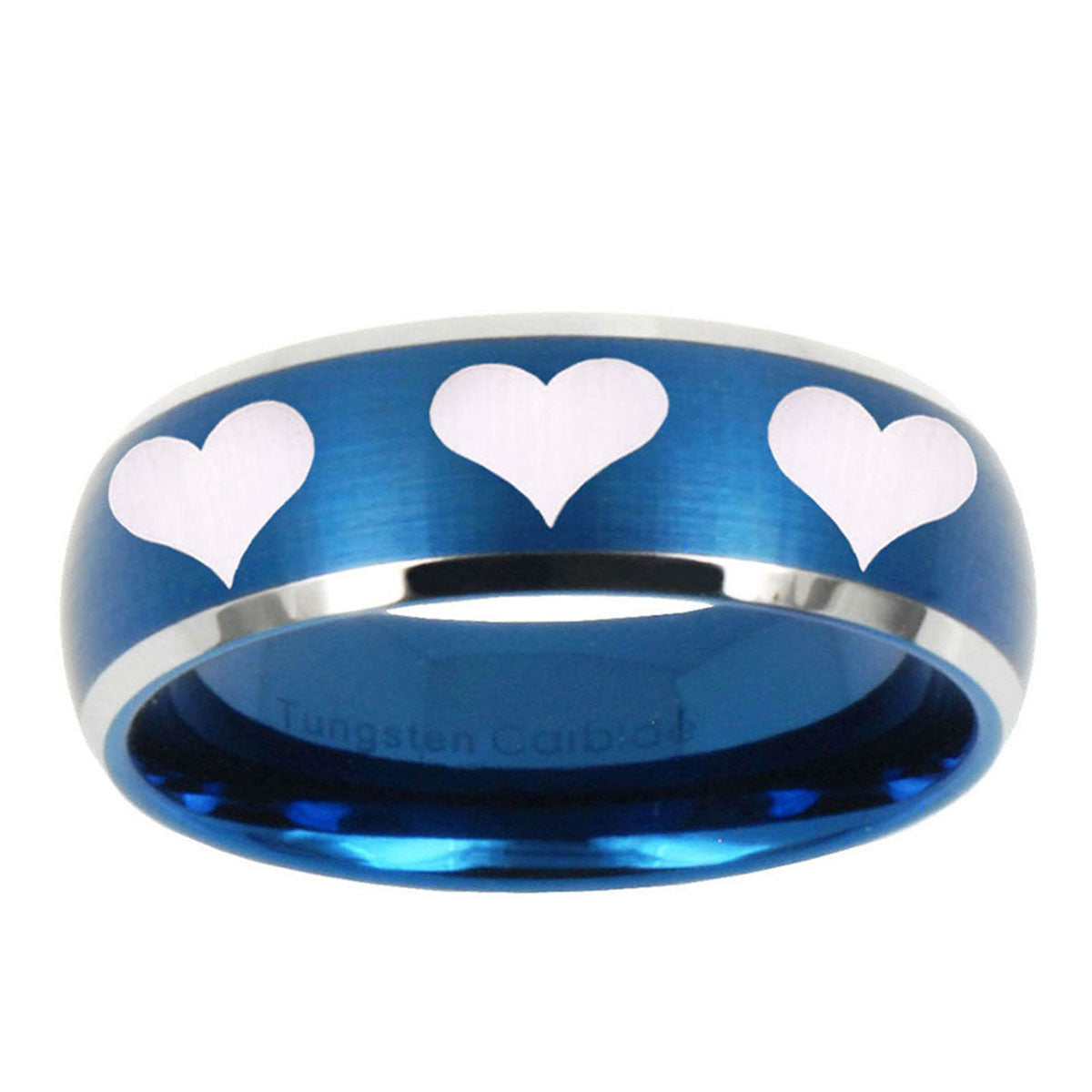 10mm Multiple Heart Dome Brushed Blue 2 Tone Tungsten Ring