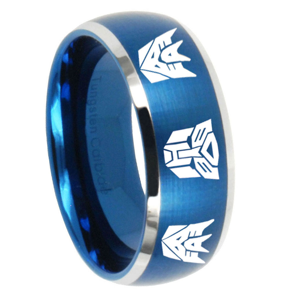 8MM Transformers Autobot Decepticon Dome Brush Blue 2 Tone Tungsten Ring