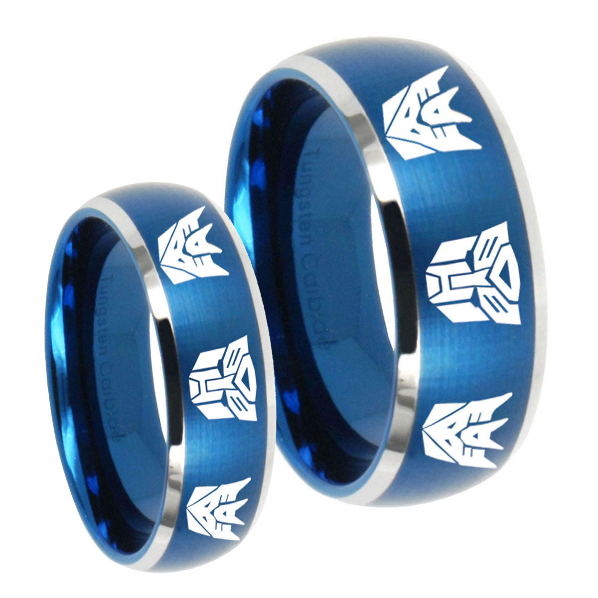 Transformers Autobot Decepticon Dome Brushed Blue 2 Tone Tungsten His Hers Ring Set