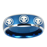 5, 8mm Multiple Skull Dome Brushed Blue 2 Tone Tungsten Ring