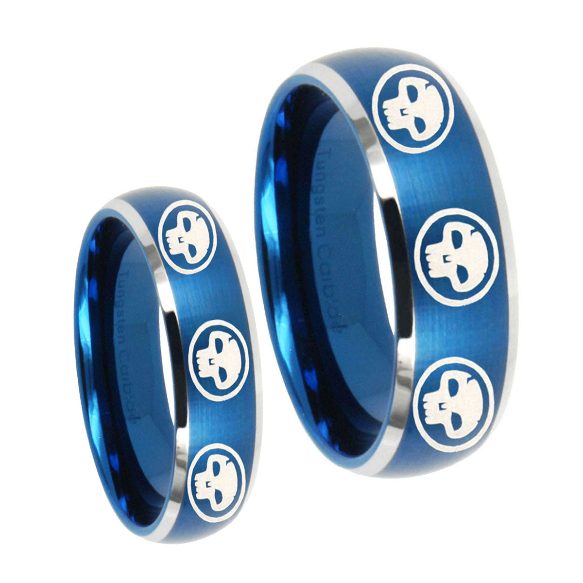 Multiple Skull Dome Brushed Blue 2 Tone Tungsten Mens Set Ring