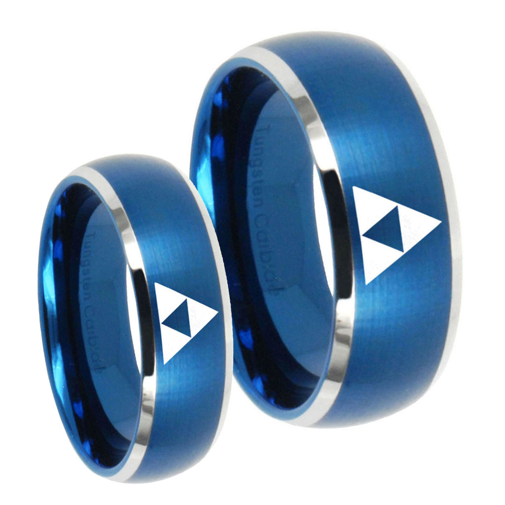 Zelda Triforce Dome Brushed Blue 2 Tone Tungsten Couples Ring Set