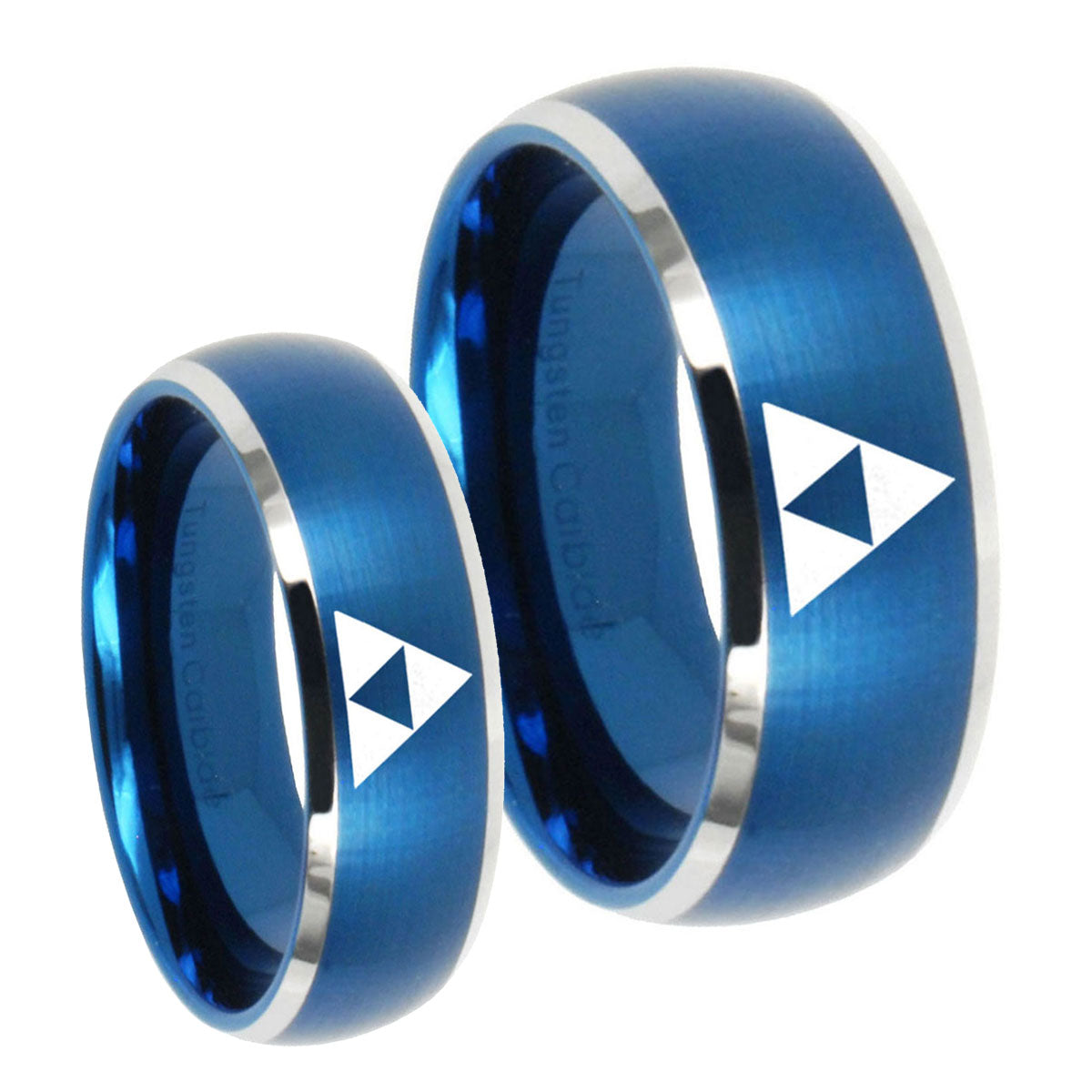 Zelda Triforce Dome Brushed Blue 2 Tone Tungsten Couples Ring Set