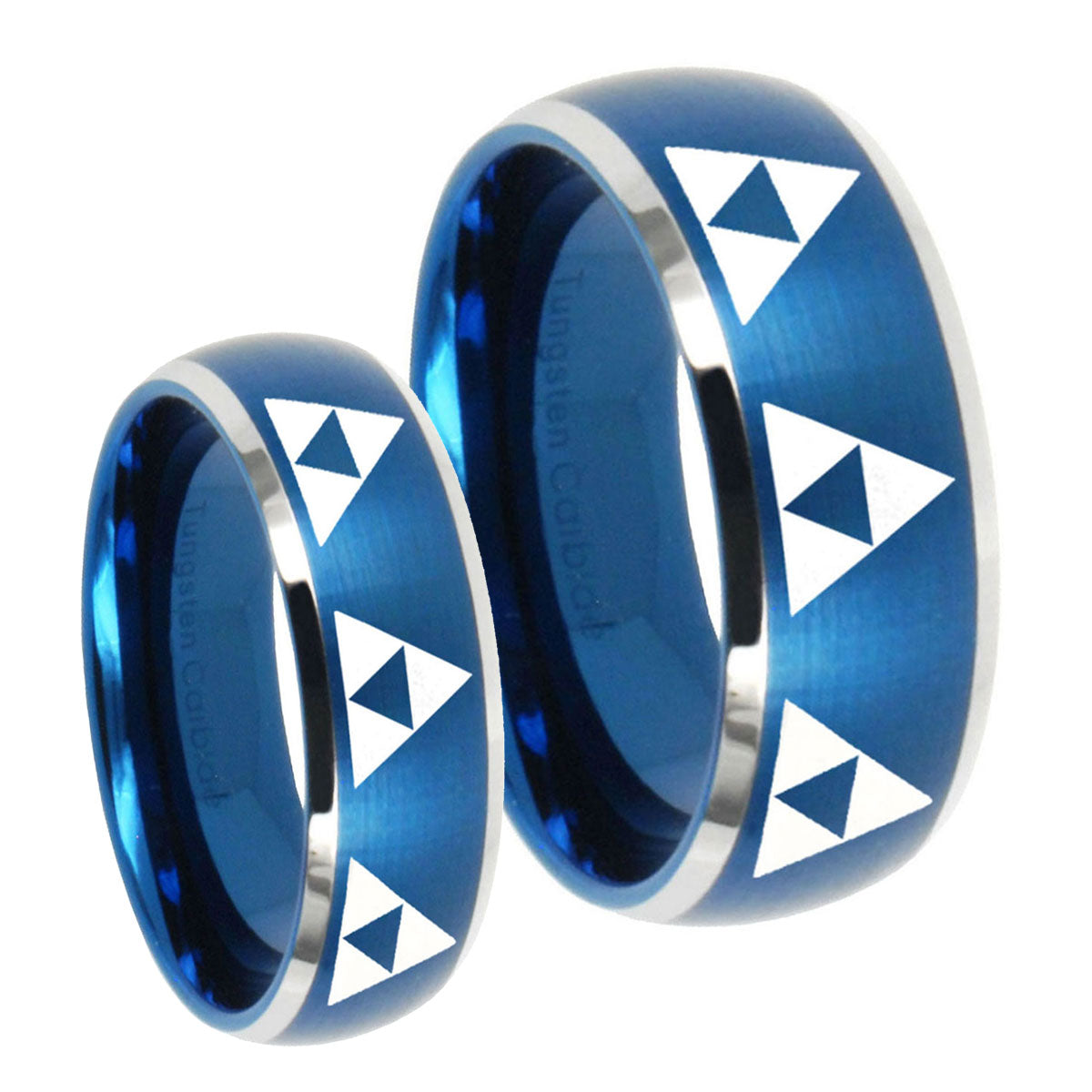 Multiple Zelda Triforce Dome Brushed Blue 2 Tone Tungsten His Hers Set Rings