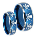 Multiple Skull Pirate Dome Brushed Blue 2 Tone Tungsten Mens Set Ring
