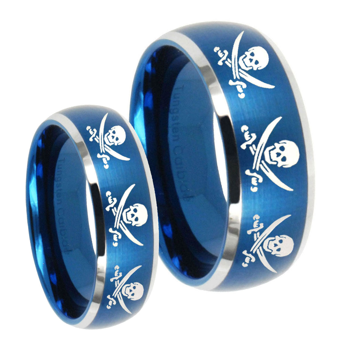Multiple Skull Pirate Dome Brushed Blue 2 Tone Tungsten Mens Set Ring