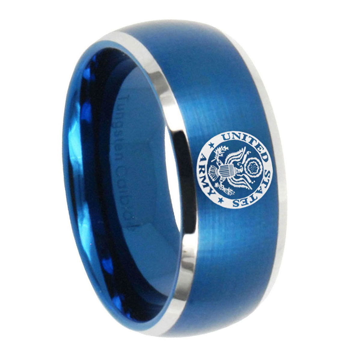 8MM U.S. Army Dome Brushed Blue 2 Tone Tungsten Mens Promise Ring