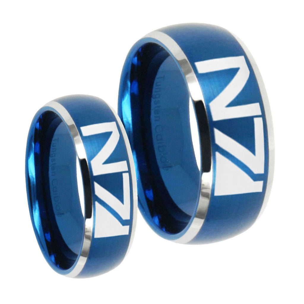 N7 Design Dome Brushed Blue 2 Tone Tungsten Wedding Set Ring