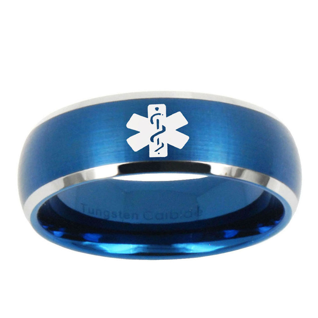 5MMMedical Alert Dome Brushed Blue 2 Tone Tungsten Ring