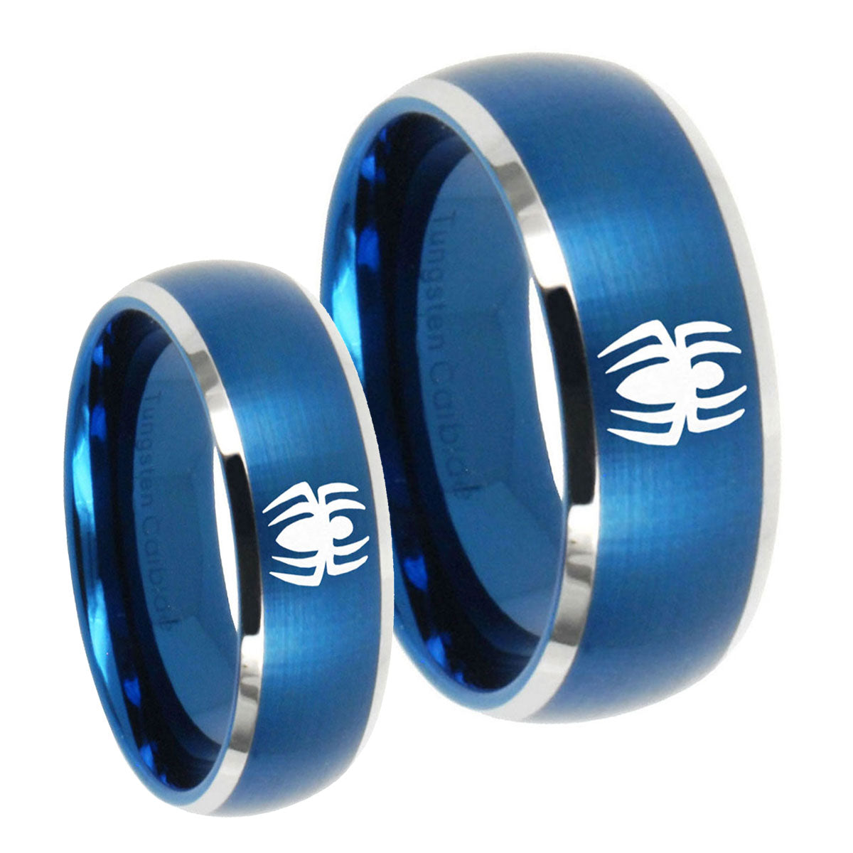 Spiderman Dome Brushed Blue 2 Tone Tungsten Wedding Set Rings
