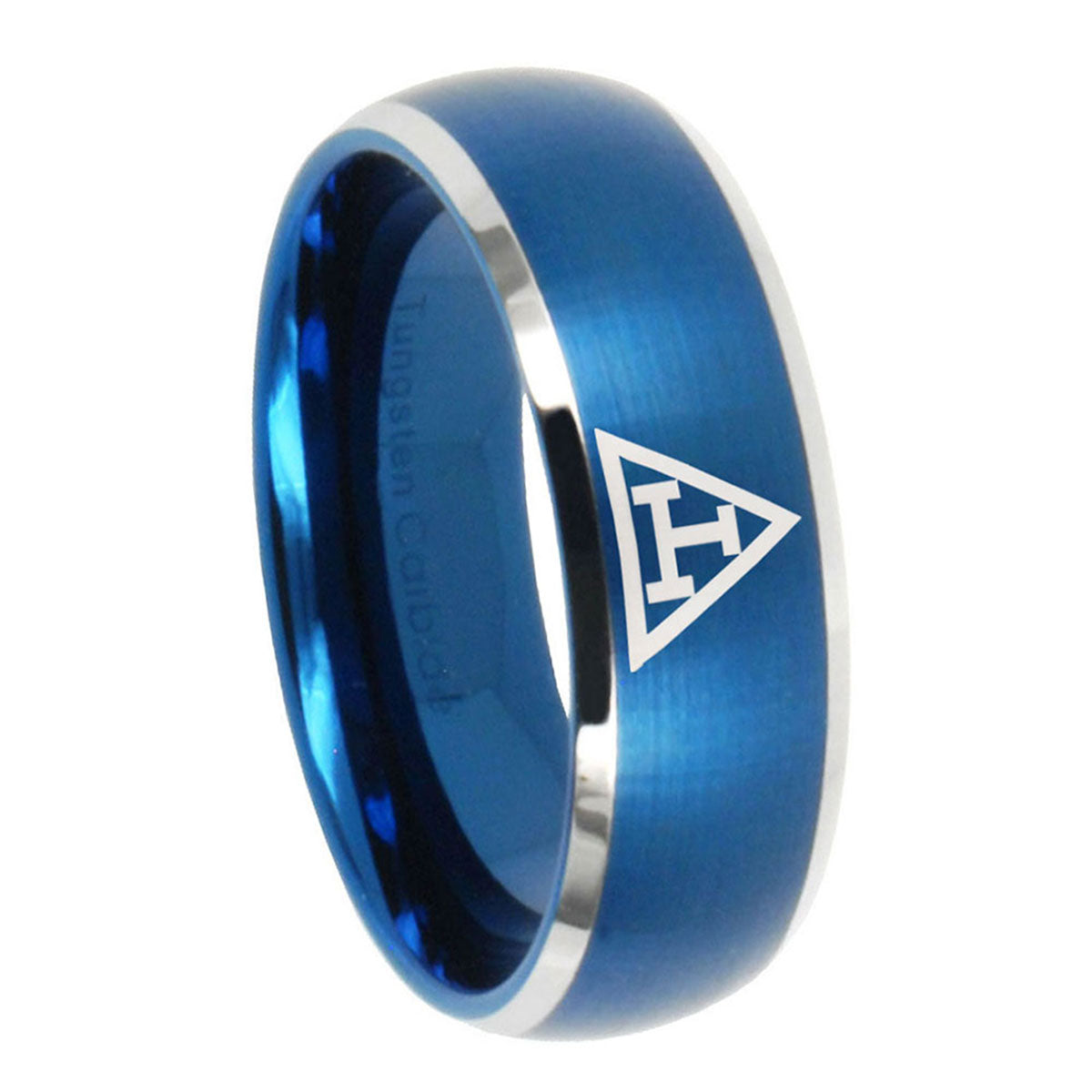 8MM Masonic Triple Dome Brushed Blue 2 Tone Tungsten Bands Ring