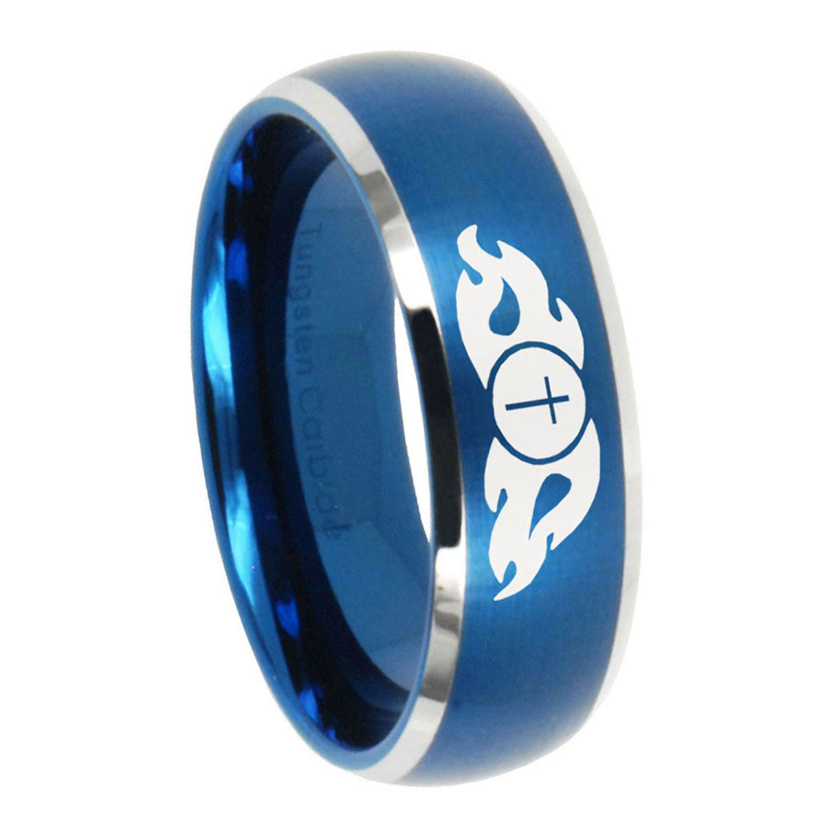 8MM Flamed Cross Dome Brushed Blue 2 Tone Tungsten Men's Ring