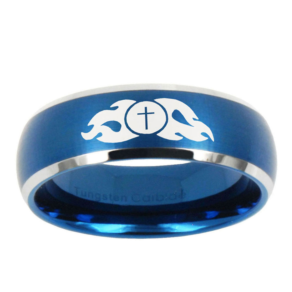 5MMFlamed Cross Dome Brushed Blue 2 Tone Tungsten Men's Ring