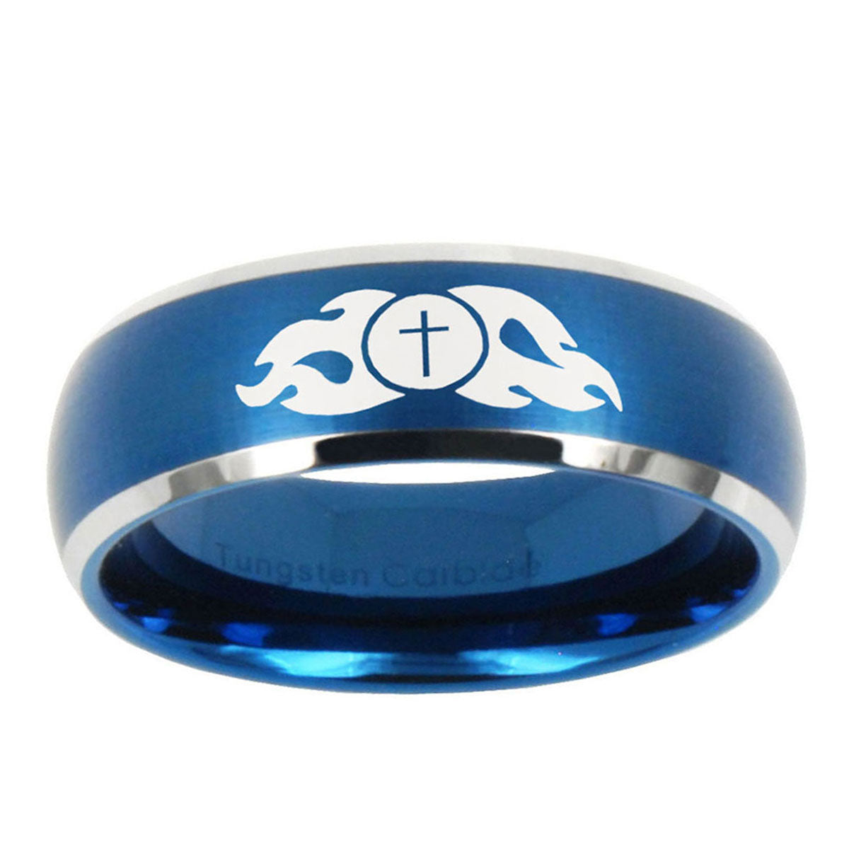 5MMFlamed Cross Dome Brushed Blue 2 Tone Tungsten Men's Ring