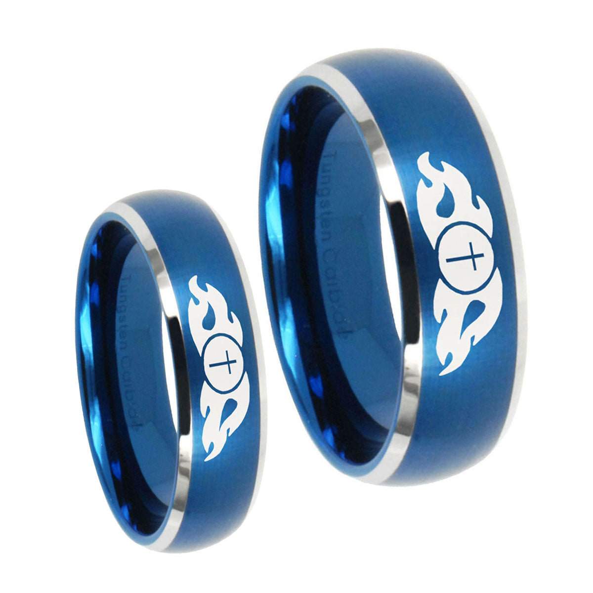 Flamed Cross Dome Brushed Blue 2 Tone Tungsten Matching Ring Set