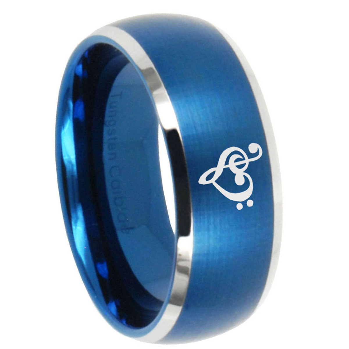 10mm Music & Heart Dome Brushed Blue 2 Tone Tungsten Carbide Wedding Band Mens