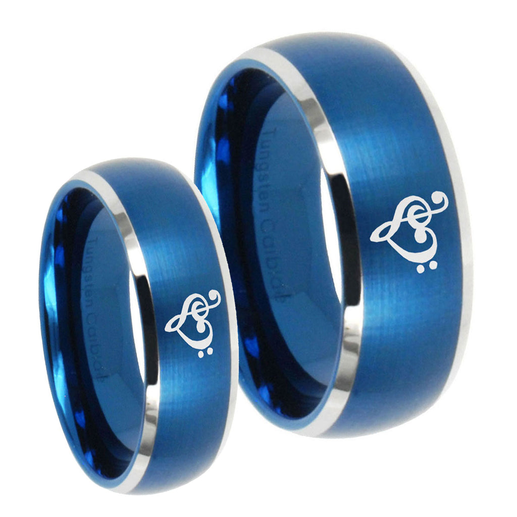 Music & Heart Dome Brushed Blue 2 Tone Tungsten Couple Rings