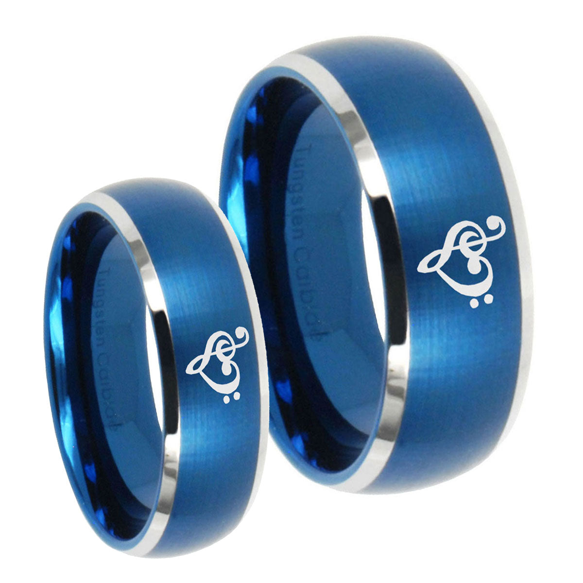 Music & Heart Dome Brushed Blue 2 Tone Tungsten Couple Rings