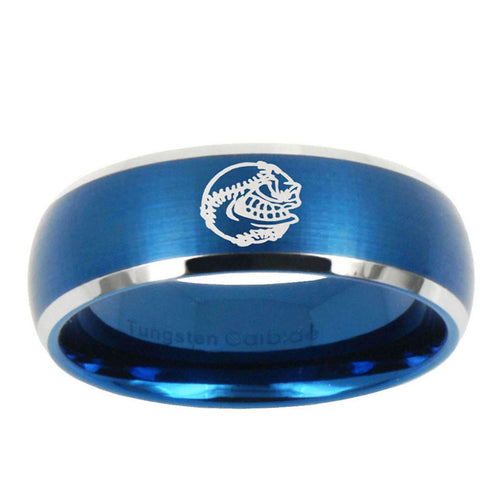 10mm Angry Baseball Dome Brushed Blue 2 Tone Tungsten Wedding Engraving Ring