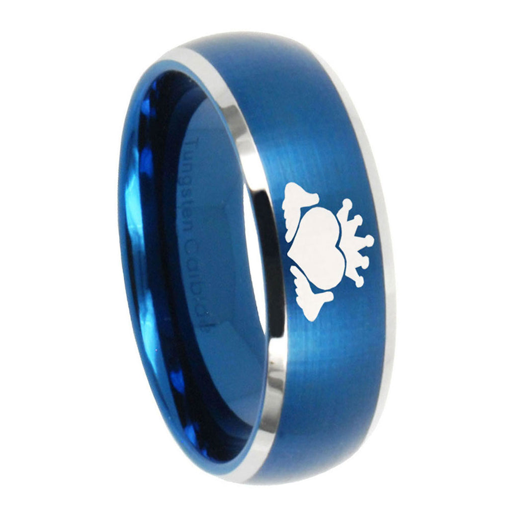 8MM Claddagh Design Dome Brushed Blue 2 Tone Tungsten Ring