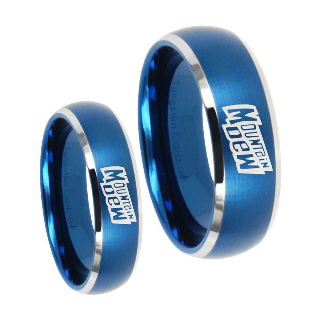 Mountain Dew Dome Brushed Blue 2 Tone Tungsten Wedding Set Ring