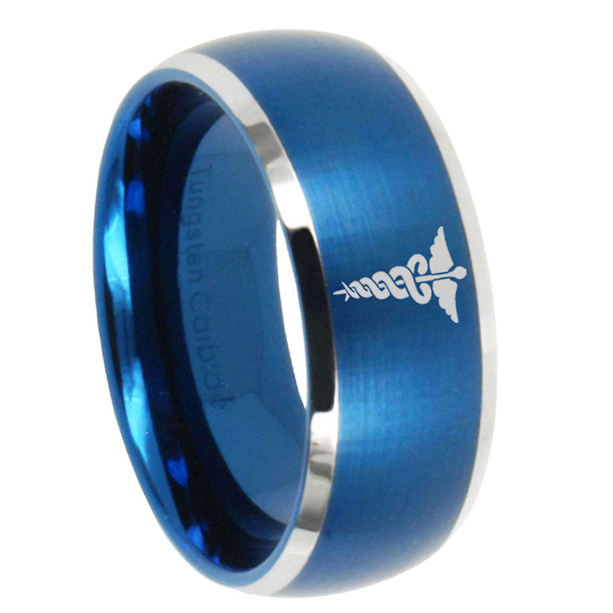 10mm Medical Symbol Dome Brushed Blue 2 Tone Tungsten Mens Wedding Band