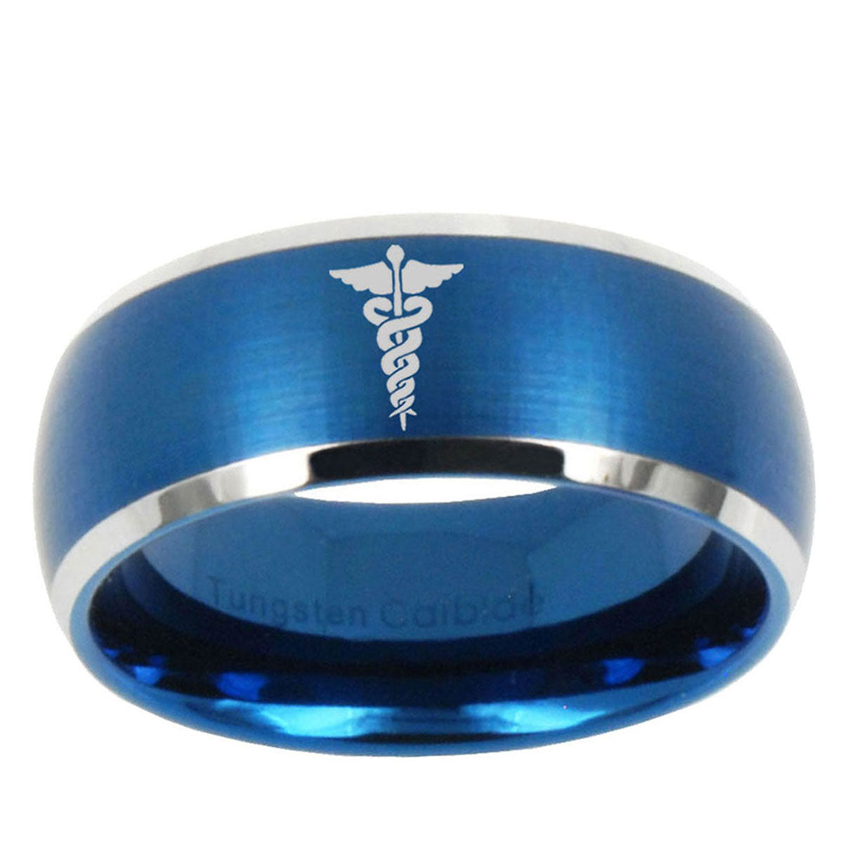 10mm Medical Symbol Dome Brushed Blue 2 Tone Tungsten Mens Wedding Band