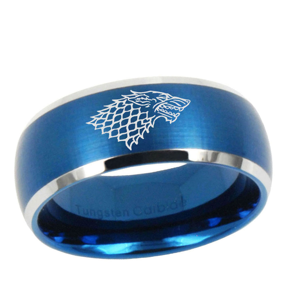 10mm Game Of Thrones House Stark Direwolf Dome Brushed Blue 2 Tone Tungsten Mens Wedding Band