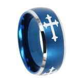10mm Christian Cross Religious Dome Brushed Blue 2 Tone Tungsten Mens Wedding Band